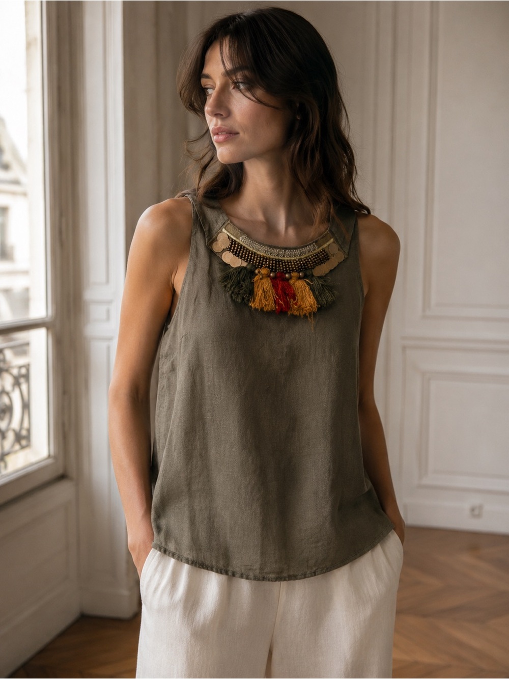 Zara Olive Green linen Sleeveless Embellished Tank Top size xs